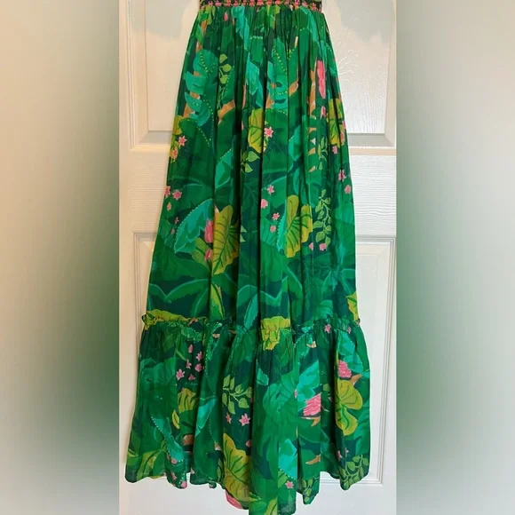 Farm Rio for Anthropologie Green Tropical Smocked Puff Sleeve Maxi Dress XXS - Picture 4 of 11